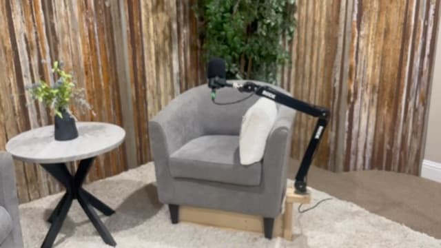 Podcast recording chair and microphone setup at Ranch House Studios in Bartonville, TX