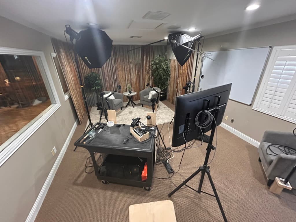 Professional podcast microphone and audio setup at Ranch House Studios in Bartonville, TX